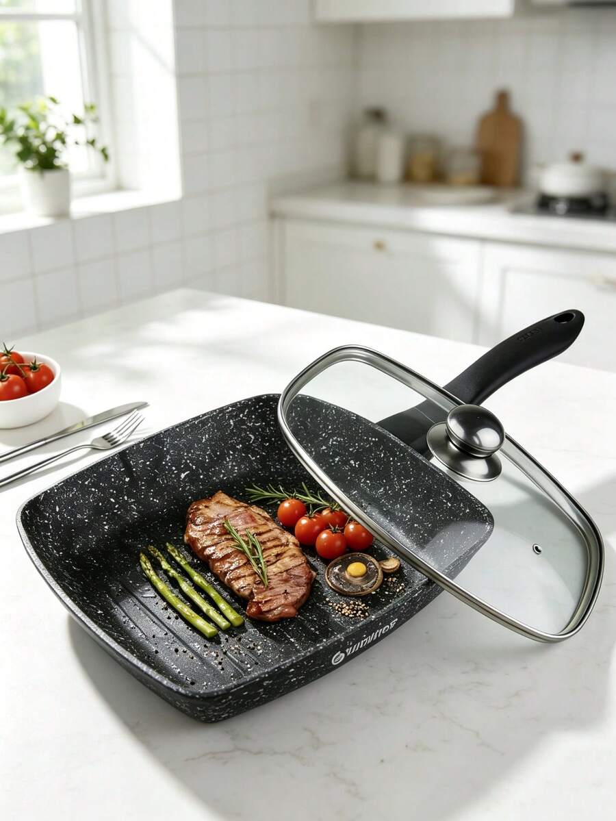 24CM Non-Stick Square Frying Pan Set, Granite Coated Skillet With Glass Lid, Multipurpose Cooking Pan,Non Stick Cooking Pan,Cookware Set,Suitable For Induction & Gas Hob, Kitchen Cookware For Steak, Pancakes & Daily Cooking - View 1