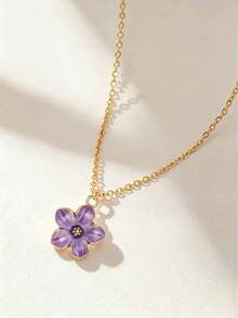 1pc Exquisite Fashionable Five-Petal Flower Pendant Summer Collarbone Necklace, Stainless Steel Necklace, Sweet & Cute Street Style Accessory, Perfect For Daily Wear - Cherry Blossoms - View 5