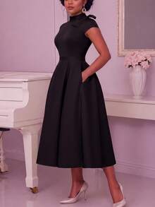 NOU Elegant Lady Style Bow Tie Small Stand Collar Cap Sleeve Short Sleeve A-Line Waist-Defining Mid-Length Dress For Women, Flattering Proportion, - Black - View 3