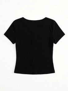 韓式簡約學院風配色圓領修身 2 合 1 翻領短袖女款休閒夏季 T-shirt 上衣 - 黑色 - 查看 3