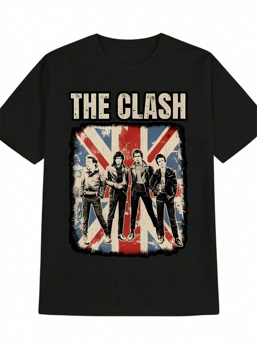 e Cuello Redondo para Hombre con Estampado de THE CLASH Union Jack - Diseño Vintage de la Bandera Británica, Corte Regular, Camiseta de Verano, Regalo Perfecto para Fanáticos de la Música, B - Negro - Ver 1