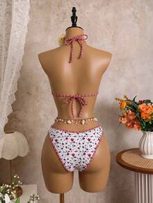 Conjunto de bikini de dos piezas con estampado floral y lazo halter para mujer, traje de baño sexy de alta elasticidad para vacaciones de verano y playa - Multicolor - Ver 5
