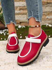 1 Pair Vintage Contrast Color Hook & Loop Loafers Women Spring/Autumn New Round Toe Versatile Casual Commute Leather Shoes - Red - View 1