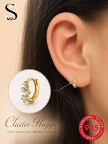 SereneSpark 1 Pair 925 Sterling Silver Single Row Crystal Earrings, Unisex, Daily Decoration - Gold - View 2