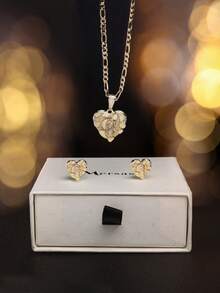 2Pcs Romantic Catholic Faith Heart Jewelry Set, Textured Hammered Guadalupe Pendant Necklace & Matching Heart Stud Earrings For Women - Religious  Heart Set - View 7