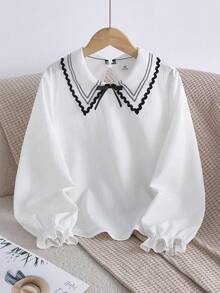 Tween Girl Tween Girl Spring Autumn Casual Long Sleeve Black Lace Collar Cute Playful Bow Decor Pullover Shirt Blouse Simple White Outfit Top - White - View 7