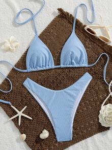 Women's Special Jacquard Striped Fabric Triangle Halter Bikini 2 Pieces Set, Summer Island Vacation Outfit Beach - Multicolor - View 2