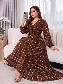 Women's Vintage Brown Polka Dot Dress, Overlap Collar, Bishop Sleeves, Flared Hem, Elegant Plus Size Soft Dress Vacation Summer - Coffee Brown - View 5