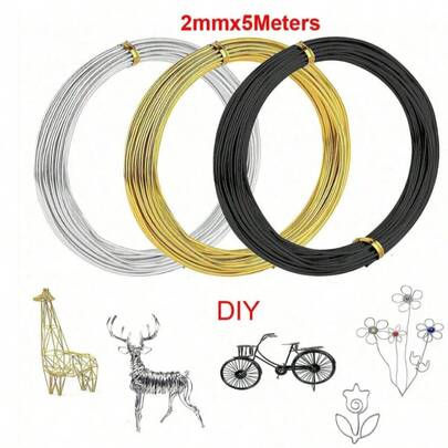 Arame metálico flexível para artesanato 2mm x 5m, banhado a ouro/prata/preto, adequado para fabrico de joias, contas e DIY