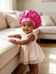 1PC Children's Smooth Satin Bonnet With Letter, Fashionable And Comfortable Sleep Cap, Breathable And Non-Slip, Daily Hair Care Hat - Hot Pink - View 3
