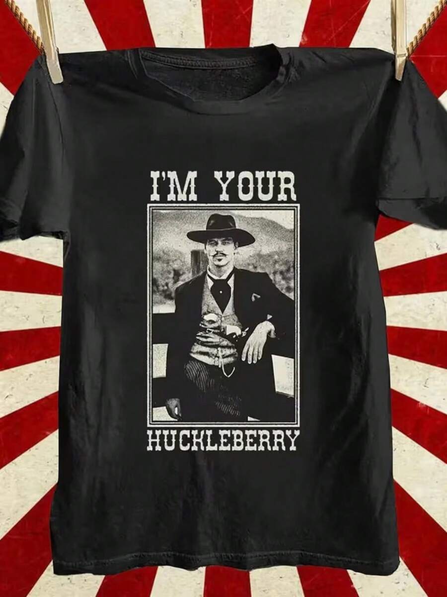 Men's 100% Cotton Retro Western T-Shirt With "I'm Your Huckleberry" Print - Vintage - Black - View 1