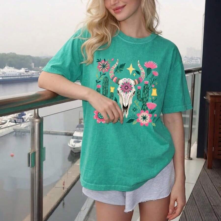 Women's Casual Cow Skull & Cactus Print Short Sleeve T-Shirt, Round Neck Polyester Top For A Boho Summer Style - QQ20260704-143256 - 查看 1