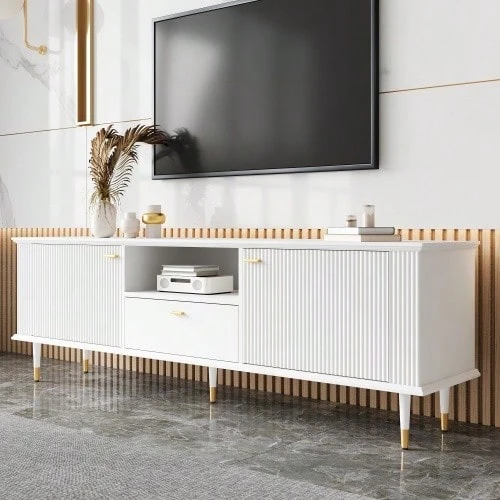 TV Cabinet With Open Shelves And Drawers, Lacquered Textured Surface, Soft-Close Hinges - 查看 1
