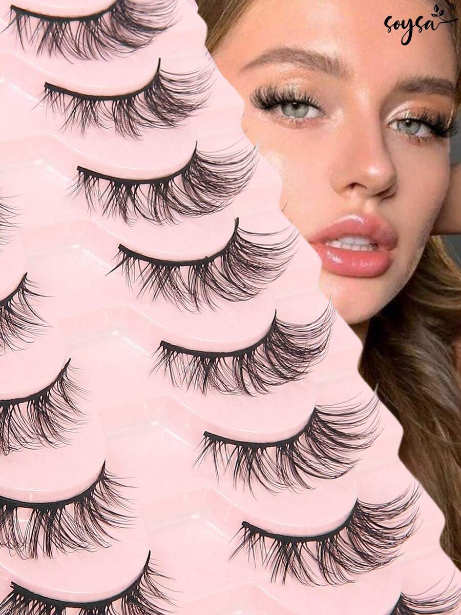 Cílios Postiços Olho de Gato Curtos e Volumosos, Tiras de Cílios Wispy, 10 Pares, Cílios Postiços Olho de Gato com Aparência Natural, Cílios em Tiras Completas - Preto - Visão 1