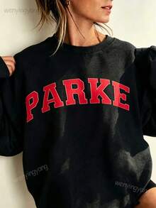Women's Casual Letter Print Oversized Pullover Sweatshirt, Loose Fit Crew Neck Long Sleeve Hoodie, Fall Outfits For Airport, Back To School,Unisex-L91 - 黑色 - 查看 1