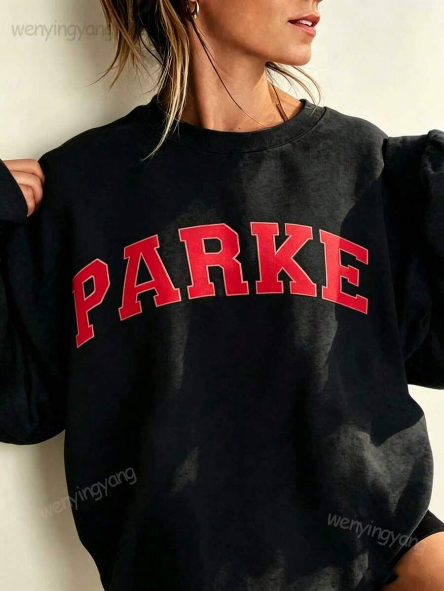 Women's Casual Letter Print Oversized Pullover Sweatshirt, Loose Fit Crew Neck Long Sleeve Hoodie, Fall Outfits For Airport, Back To School,Unisex-L91 - 黑色 - 查看 1