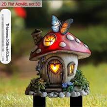 1pc 2D Flat Acrylic Butterfly Glowing Mushroom House Garden Stake, Minimalist Desktop Decor Sign, Suitable For Garden Balcony Yard Decoration, Fairy Tale Style Outdoor Soft Decor, Creative Birthday And Holiday Gift - A - View 8