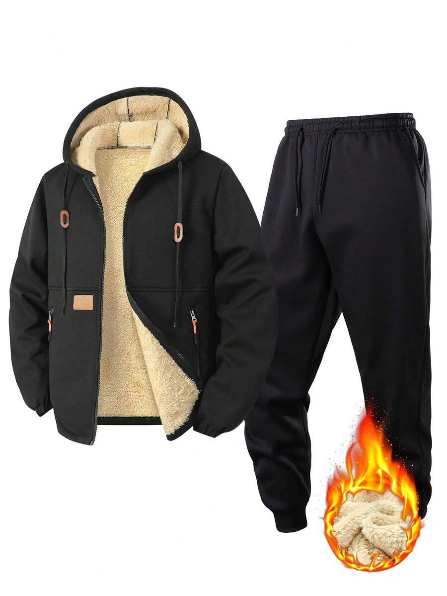 Men's 2-Piece Winter Thermal Lined Thick Hooded Jacket And Pants Set For Outdoor Hiking, Gym, Running - Black - View 1