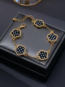 3pcs/1pc Fashion Black White Red Polka Dot Pattern Zinc Alloy & Acrylic Material Lucky Five-Leaf Clover Bracelet For Women, Suitable For Daily Wear - Multicolor - View 5