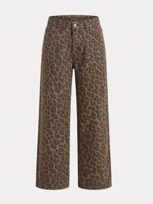 Jeans casuales de mujer con estampado de leopardo, pierna recta, largos, sin elasticidad, con botones, estilo vintage - Multicolor - Ver 5