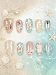 10pcs Hot-Selling Almond-Shaped Beach Wearable Nails, 3D Jellyfish & Starfish High-End Seashell Fake Nails, Suitable For Girls' Summer Vacation, Daily Wear, Outings, Holiday Parties, Birthday Gatherings And Other Occasions, Removable And Reusable - Multicolor - View 1