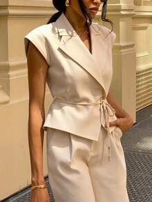 Women's Solid Color Linen Casual Elegant Commute Flutter Sleeve Tie Waist Blazer, Suitable For Daily Wear And Commuting - Khaki - View 5