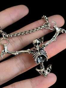 1 Collier pendentif gothique crâne sombre, chaîne de clavicule personnalisée punk hip-hop, accessoire d'Halloween - Argent - Voir 5