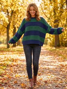 Women's Casual Colorblock Striped Pattern Drop Shoulder Loose Sweater - Blue and Green - View 4