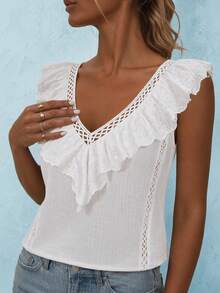 SUNSTORY Atasan Tank Top Wanita Warna Polos Musim Gugur dengan Bordir Berongga dan Hiasan Ruffle, Blus Kasual Serbaguna dengan Leher V Dalam dari Katun Murni, Cocok untuk Liburan Pantai, Perjalanan Sehari-hari, Bepergian, dan Berbelanja di Toko - Putih - View 5