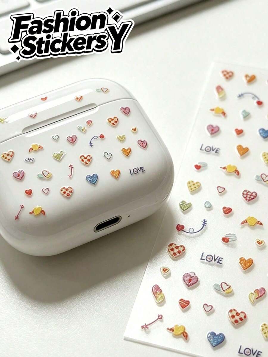 1pc Macaron Colorful Heart Decorative Sticker, Mini Heart With Small Bow And Arrow & LOVE English Text, Suitable For Earphone Case, Phone Case, Instant Camera, Tumbler Decoration. Light Color Palette, Fresh And Energetic, Highly Attractive Handmade Decorative Sticker - 1pc YT6714 - View 1