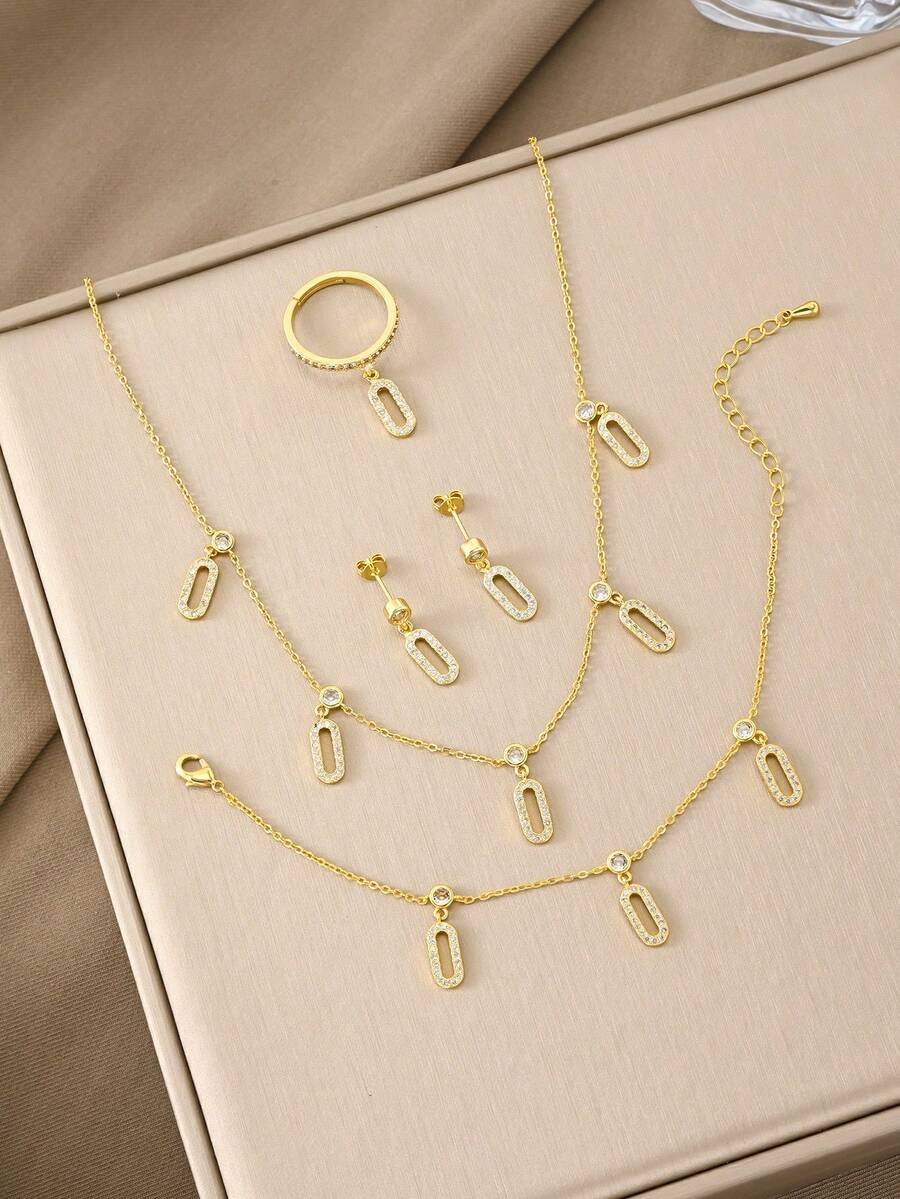 Collar de oro de 18k, pulsera de oro, anillo de oro, pendientes de circonita de cobre texturizados versátiles, adecuados para citas, reuniones, regalos y uso diario - Dorado - Ver 1