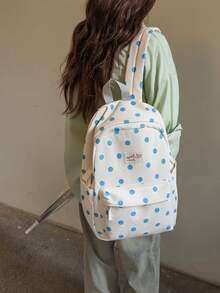 Mochila con estampado de lunares para mujer con bolsillo delantero y correas ajustables, bolsa escolar de poliéster casual para uso diario - Blanco - Ver 3