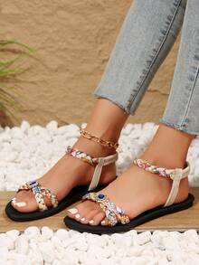 Beige Floral Braided Elastic Ankle Strap Sandals, Sapphire Rhinestone Flat Roman Sandals, Women Beach Sandals For Summer Vacation - Beige - View 2