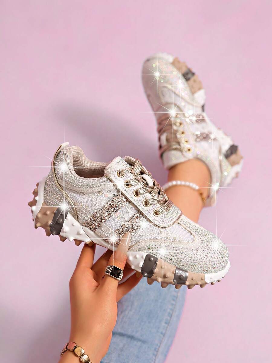 Women's Ivory Lace-Up Chunky Sneakers With Rhinestone Floral Lace Panels, Glitter Laces, Round Toe And Sculpted Contrast Sole - Gold - View 1