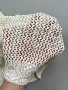 女款半透明短版針織罩衫，夏季時尚休閒度假風，圓領短袖 - 乳白 - 查看 8