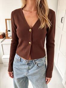 Versatile Women's Brown Knit Cardigan, Regular Length, Long Sleeve V-Neck, Casual Style - Brown - View 5