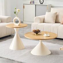 Sanduhr Series 2-Piece Coffee Table Set With Distinctive Conical Shape, Melamine Tabletop In Wood Look + Cream-Colored Metal Base, Space-Saving Stackable Design, Ideal For Living Room, Bedroom & Office - Natural Color - View 4