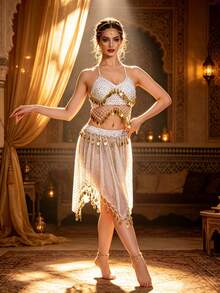 2pcs Belly Dance Costume Set Sequin Coin Tassel Halter Top + Sequin Coin Tassel Skirt, Flamenco Outfit, Suitable For Halloween, Carnival, Holiday, Rave, Festival, Stage Performance, Birthday Party, Dinner, Nightclub, Night Wear, Performance Dress - Multicolor - View 2