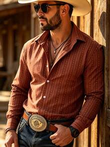WAIT HIM Men's Striped Single-Breasted Casual Long Sleeve Shirt - Redwood - View 4
