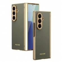 VIETAO 電鍍材質人造皮革全包覆保護手機殼，適用於 Galaxy Z Fold 7 6 5 4 8 Ultra Fold7 Fold6 Fold5 Fold4，含鋼化玻璃螢幕保護貼 - 棕灰色 - 查看 16