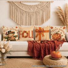 Vintage Herbst Vogelscheuche & Kürbis Kissenbezug 4 Stücke Set, einseitig bedrucktes Pfirsichhaut Polyester Material, 45*45CM Kissenbezug für modernes Stoffsofa Innenraum Dekoration, Party Dekoration, Geschenk - Verschiedenfarbig - Übersicht 7
