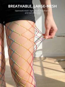 Rainbow Gradient Large Mesh Fishnet Tights, High Elasticity Breathable Snag-Resistant Y2K Millennium Hot Girl Music Festival Personalized Colorful Mesh Stockings - Multicolor - View 4