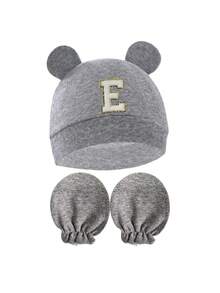 Baby A-Z Letter Newborn Hospital Cap&Anti-Scratch Mittens Gift Set Cartoon Bear Ear Newborn Baby Hat Soft Boy Girl Hats Beanie Cap Bonnet 0-3M - Grey - View 6