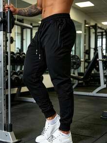 Men's Black Joggers, Casual Sports Long Pants With Zipper Pockets And Drawstring Waist, Suitable For Daily Wear - Black - View 2