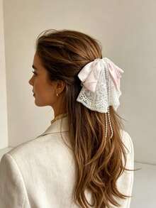 1pc Bow Lace Hair Claw Clip For Women, Fashion Tassel Large Bow Hair Claw, Elegant Sweet Party Daily Hair Accessory - Multicolor - View 7