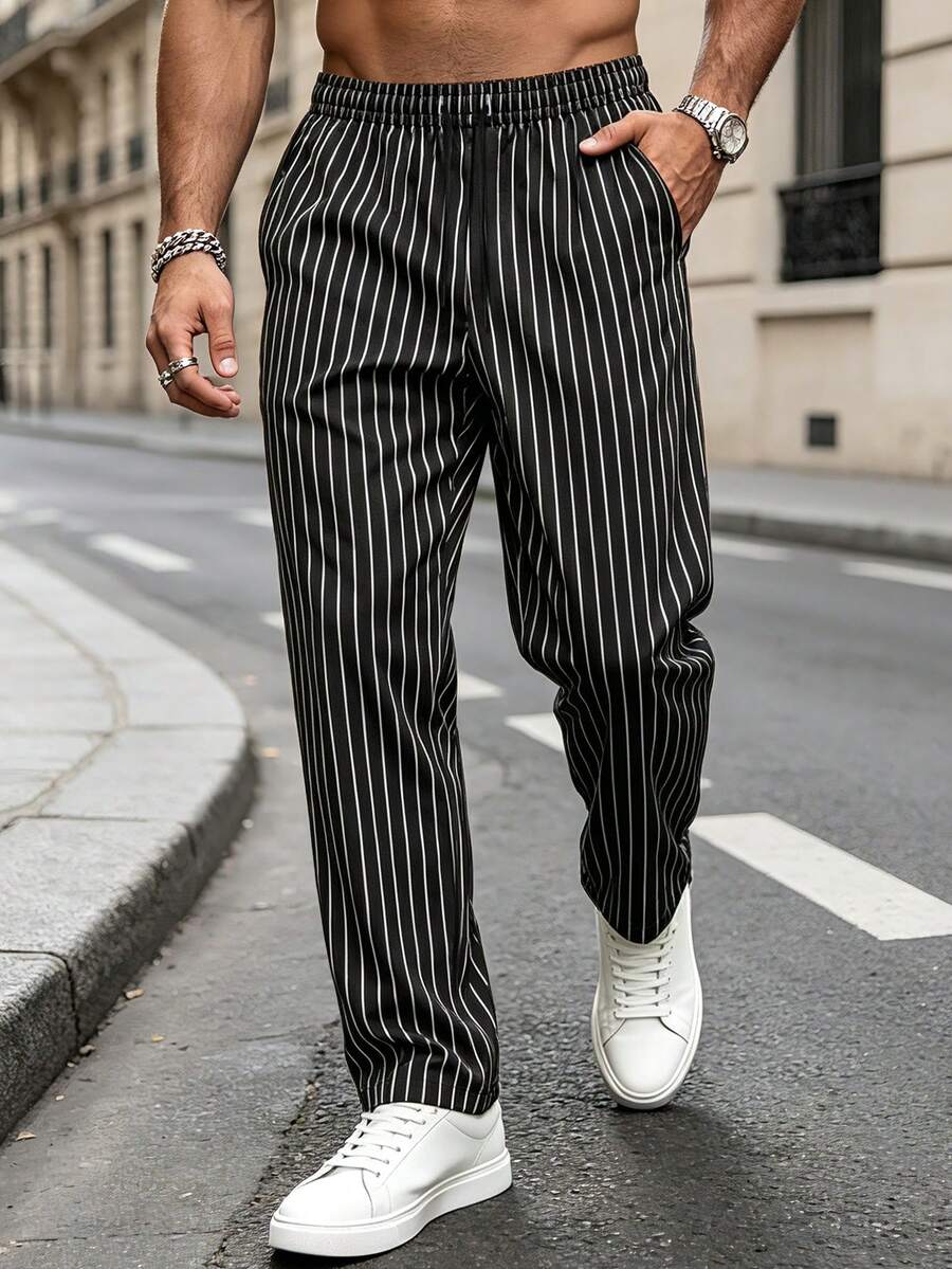Men's Casual Lightweight Striped Pants, Classic Business Style Versatile Outdoor Trousers, Suitable Gift For Husband, Father, Friends