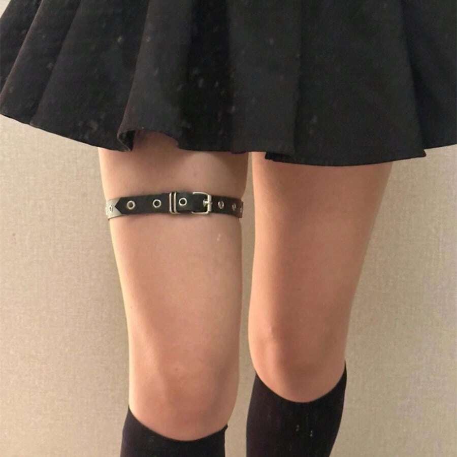 Women's Adjustable Punk Leg Garter - Black Faux Leather Texture, Fashionable Thigh Chain Suitable For Dresses, Pants, Daily Wear - Gothic Style Party Wedding Accessory - Easy To Wear Buckle Belt - Black - View 1
