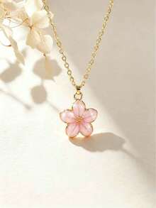 1pc Exquisite Fashionable Five-Petal Flower Pendant Summer Collarbone Necklace, Stainless Steel Necklace, Sweet & Cute Street Style Accessory, Perfect For Daily Wear - Cherry Blossoms - View 7
