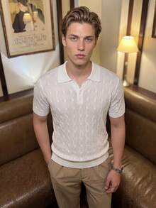 Men's Summer White Cable Knit Polo Shirt, Luxurious Airy Knit Fabric, Light & Breathable, Old Money Style For Gentleman Gatherings & Daily Casual - White - View 9