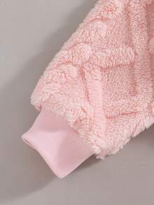 Girls' Casual Fashion Solid Color 3D Embossed Fuzzy Hooded Short Jacket And Straight Leg Pants 2 Pieces Set, Autumn/Winter - Pink - View 5